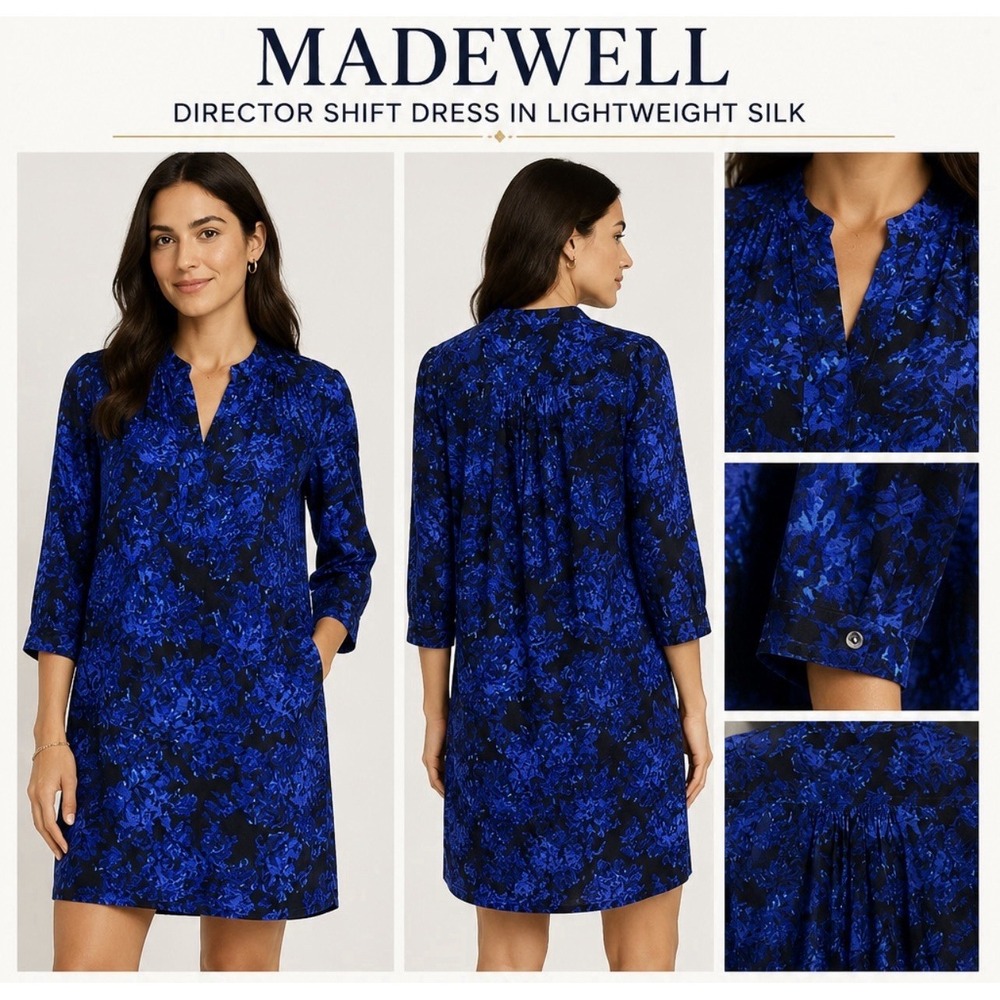 Madewell Silk Director‎ Shiftdress Size S Blue Black Brushstroke Floral